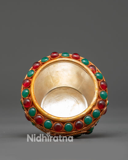 Copper and Gold-Plated Tibetan Ritual Pot Adorned with Emerald and Coral
