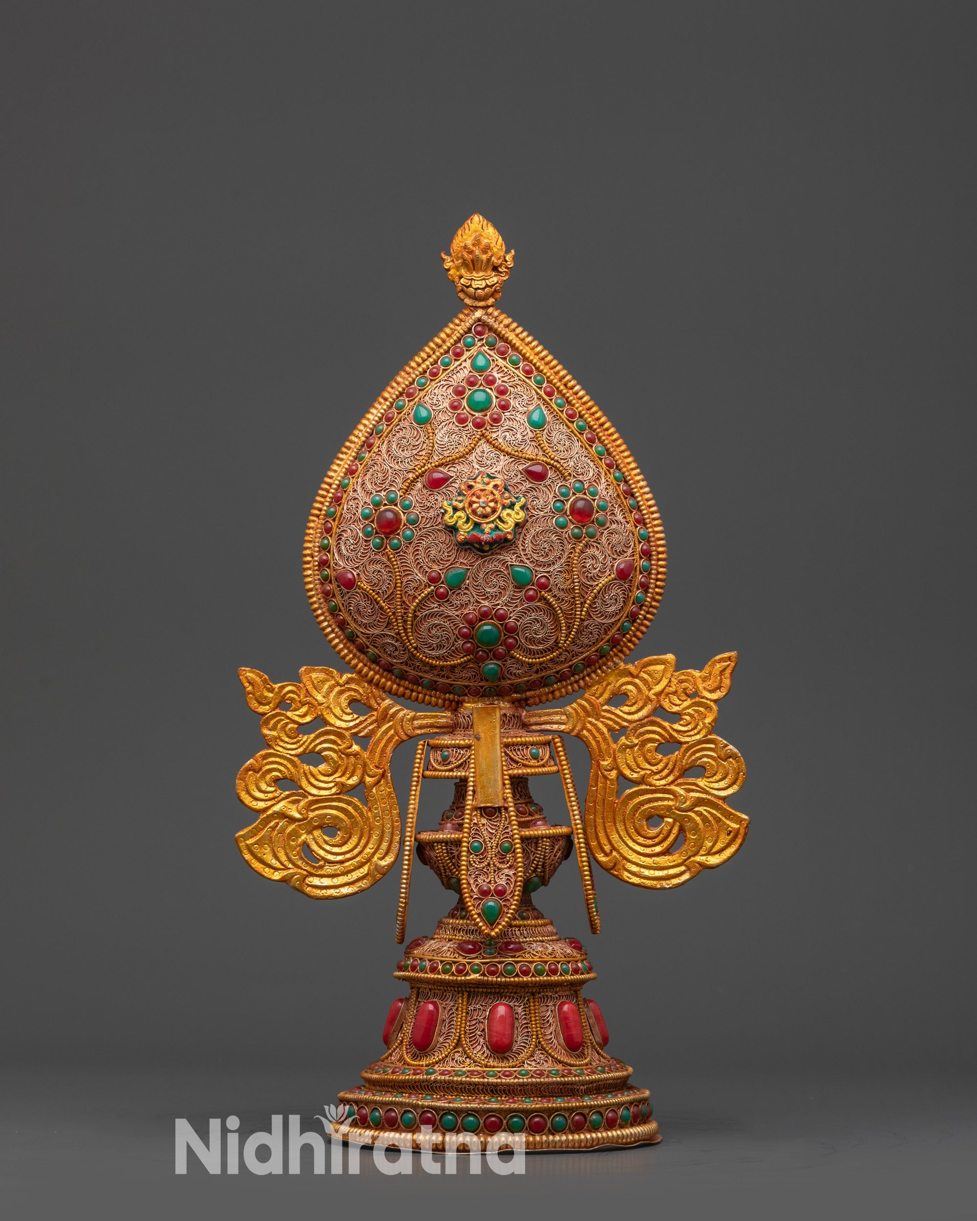 Copper and Gold-Plated Wheel of Dharma Filigree Artwork from Nepal