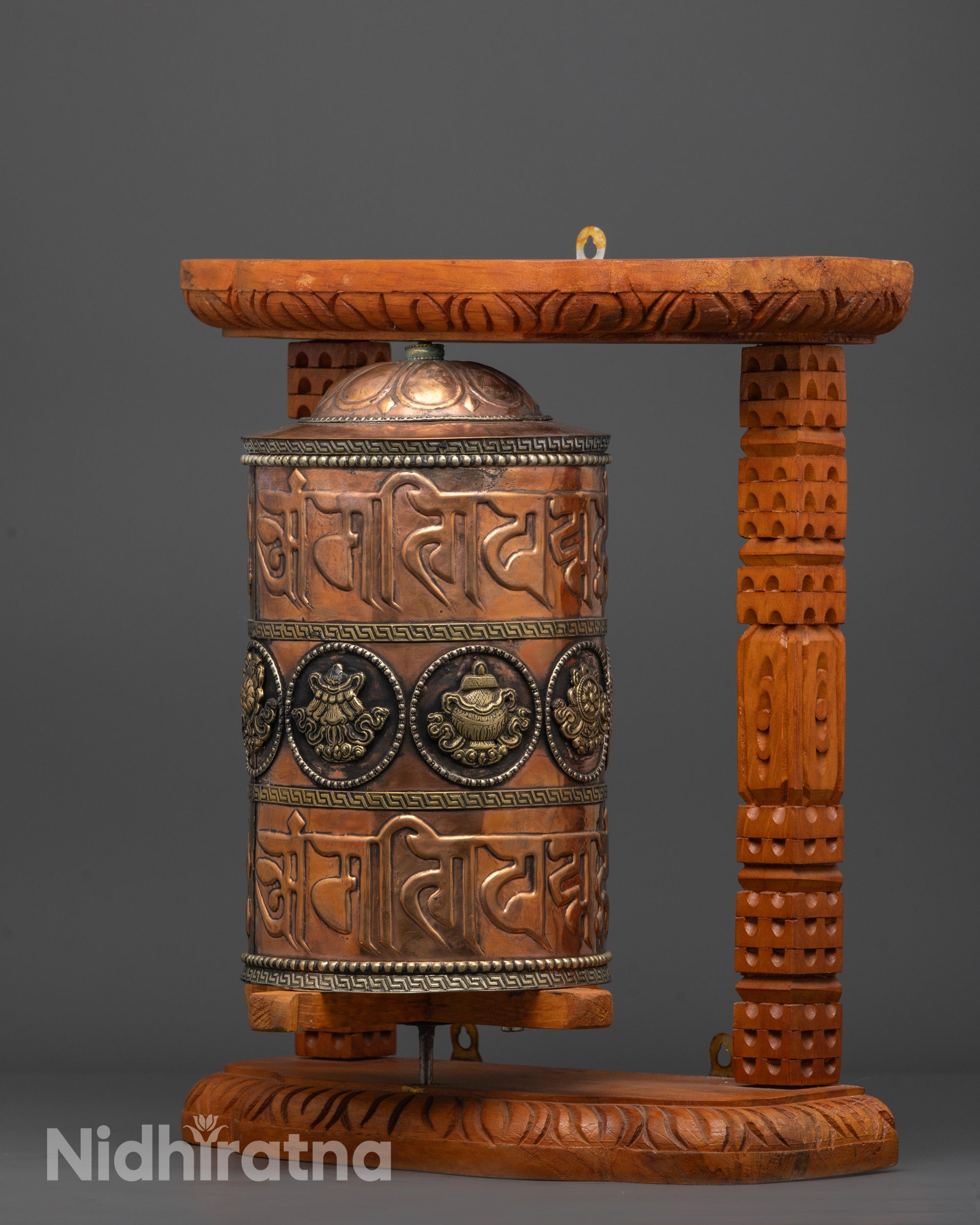 Copper and brass Ashtamangala Prayer Wheel for home shrine or temple decor