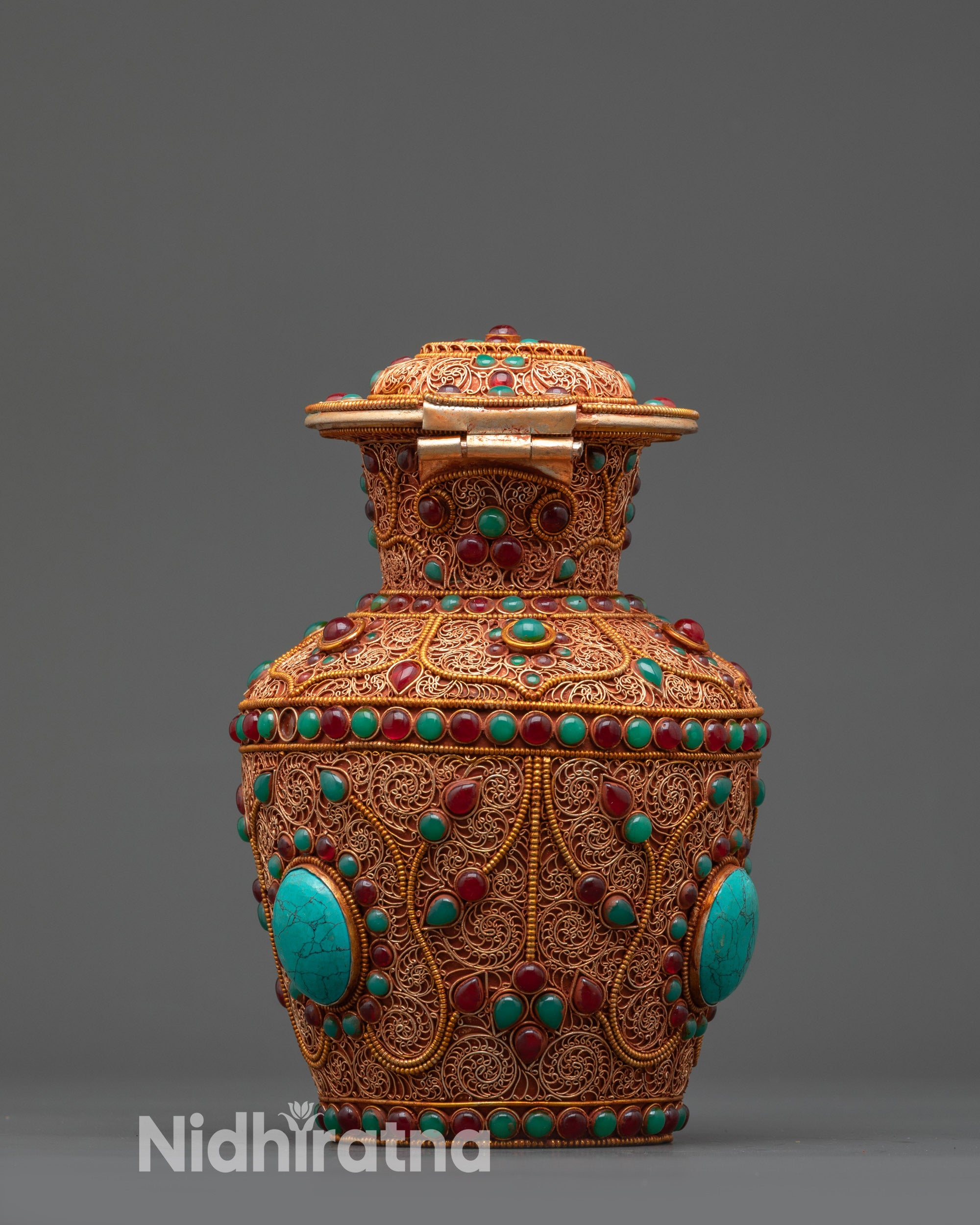 Copper and gold Himalayan Treasure Vase used for Buddhist altar offerings