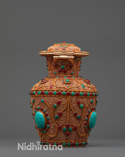 Copper and gold Himalayan Treasure Vase used for Buddhist altar offerings