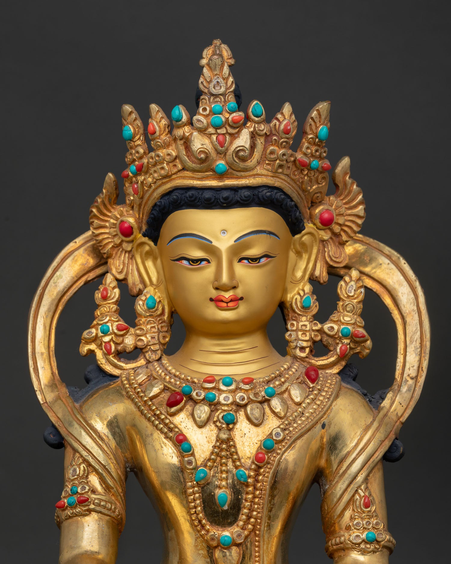 Crown Shakyamuni Buddha Statue Gold Painted Face Semi Precious Stones Close Up.