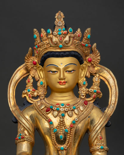 Crown Shakyamuni Buddha Statue Gold Painted Face Semi Precious Stones Close Up.