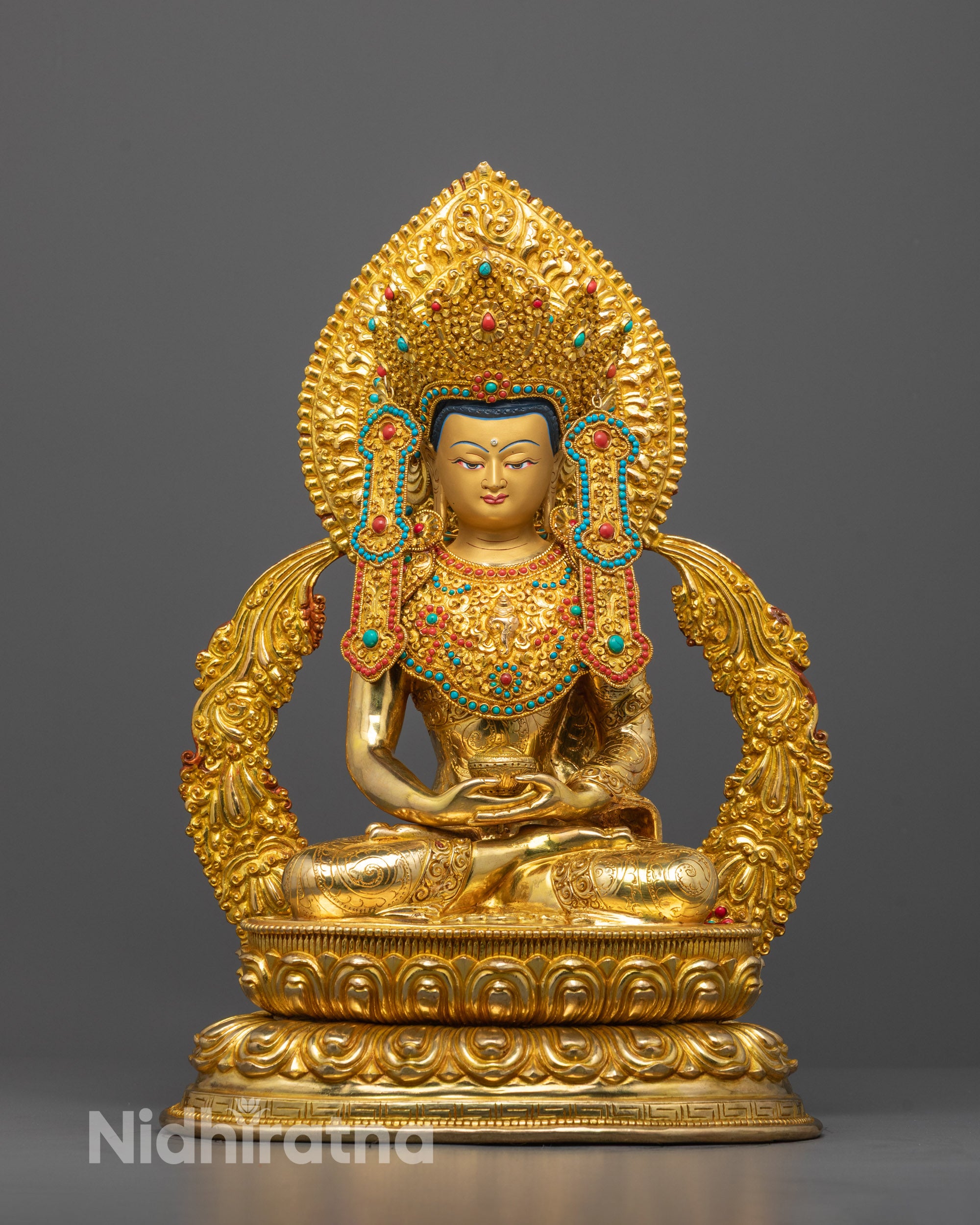 Front view of Crown Amitabha Buddha Statue handcrafted from copper seated 