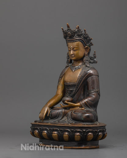 Oxidized Crowned Shakyamuni Buddha Statue | Traditional Tibetan Art