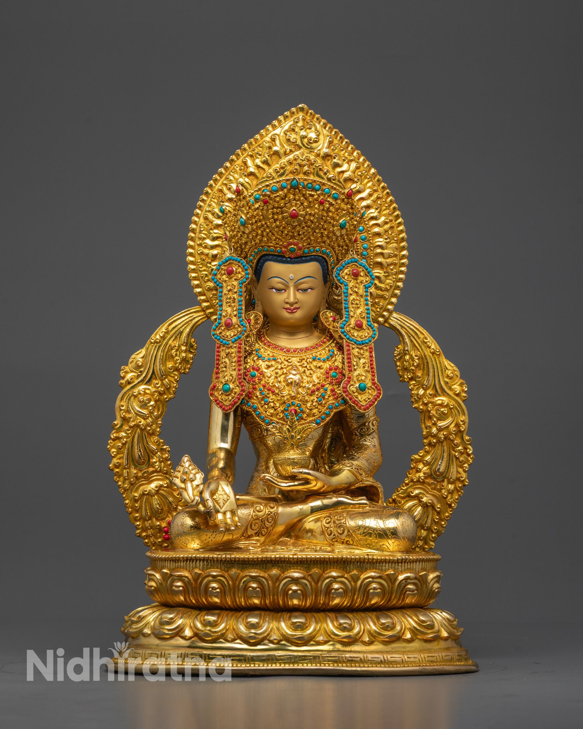 Crown Medicine Buddha Statue front view with gold gilding and healing nectar bowl