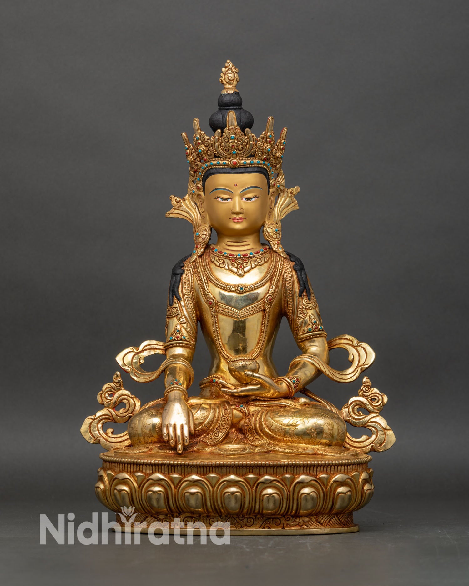 Crowned Shakyamuni Buddha statue front view, gold fire-gilded copper with turquoise and coral