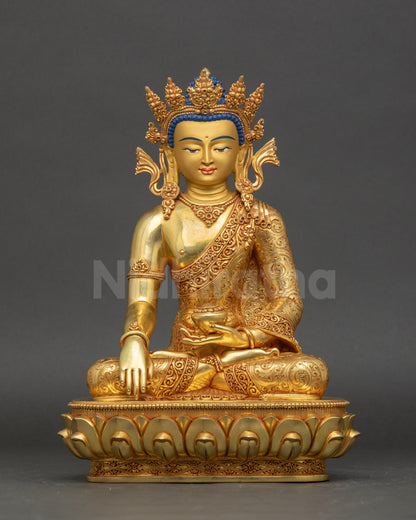 Crowned Buddha Shakyamuni statue gold fire gilded Nepalese enlightenment art