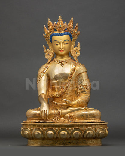 Crowned Shakyamuni Buddha statue handcrafted in Nepal, copper Buddhist sculpture symbolizing enlightened wisdom