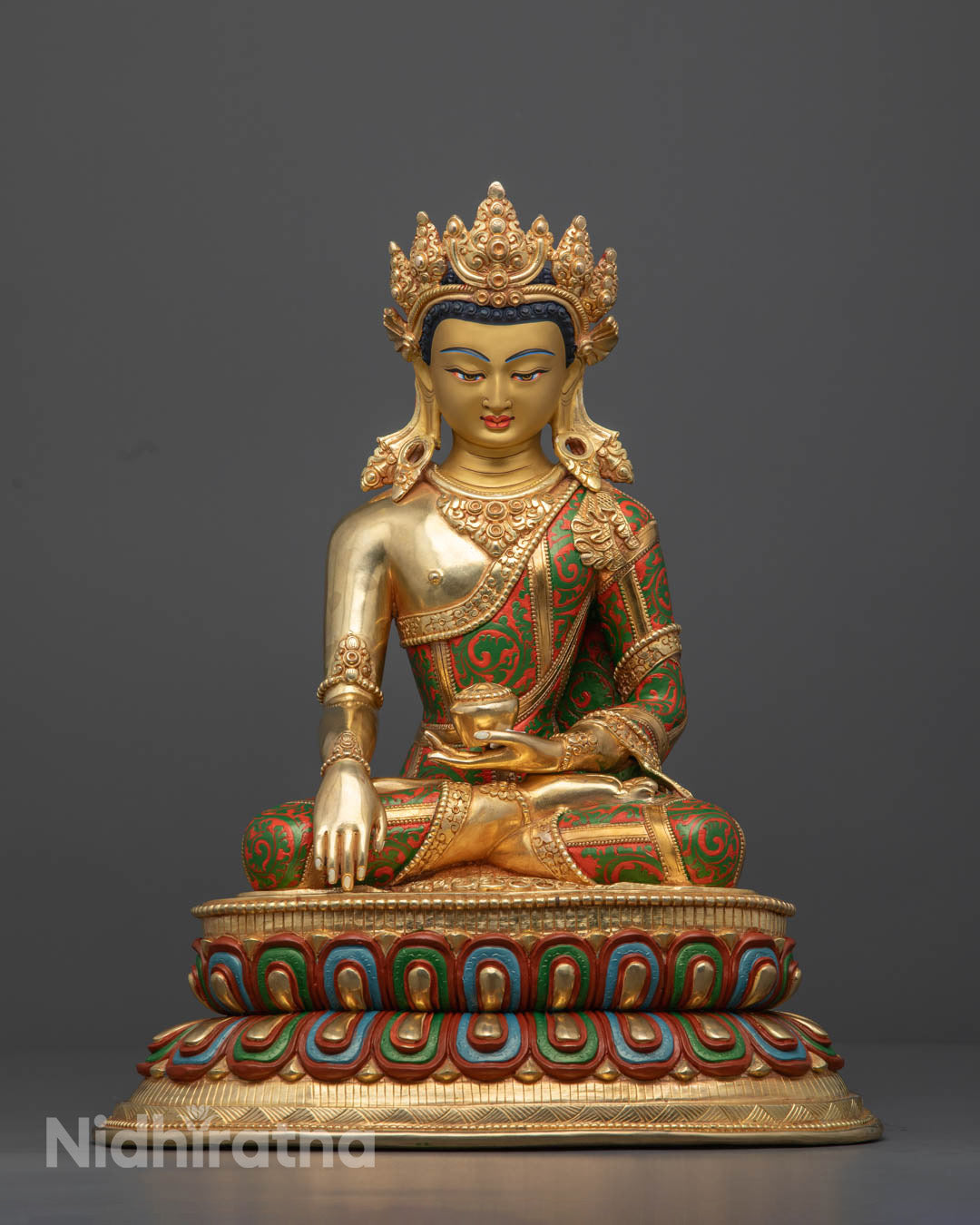 Crowned Shakyamuni Buddha Statue | Hand-Carved 24k Gold
