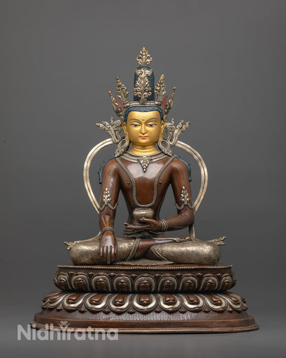 Crowned Shakyamuni Buddha Statue front view with gold face and silver-plated lotus base