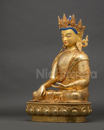 Crowned Shakyamuni Buddha statue displayed on altar with detailed craftsmanship