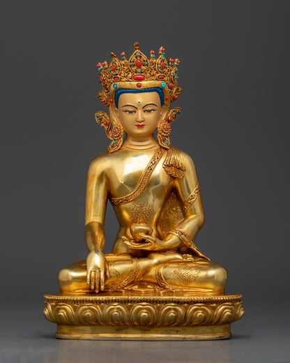 Crowned Shakyamuni Buddha statue handcrafted by Newar artisan, gold fire-gilded with 24K gold face