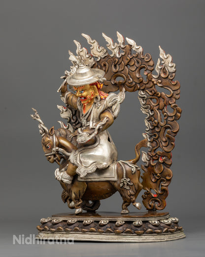 Damchen Garwa Nagpo statue left side view Himalayan protector deity sculpture silver plated finish