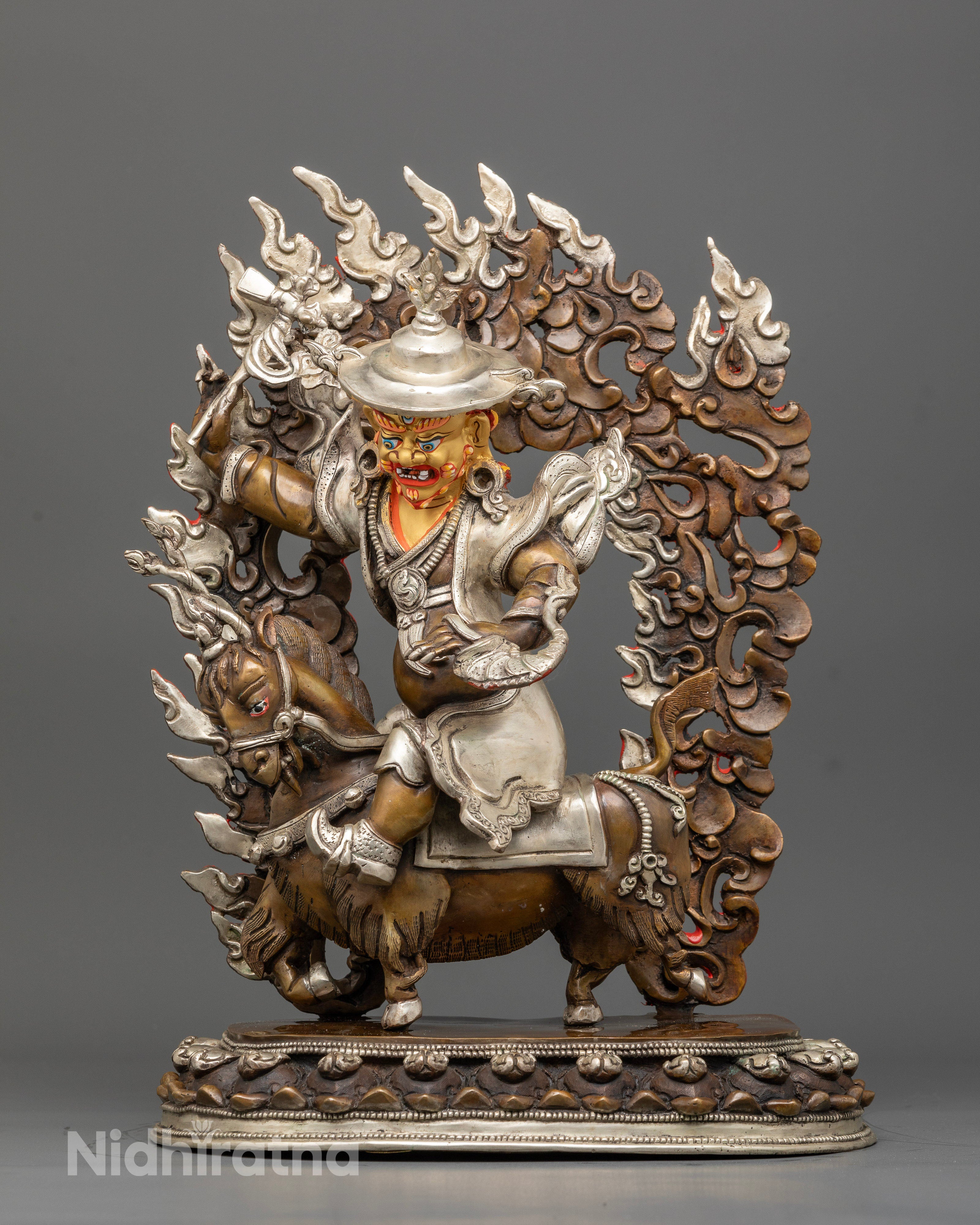 Damchen Garwa Nagpo statue oxidized copper silver plated wrathful protector deity on horse Nepal