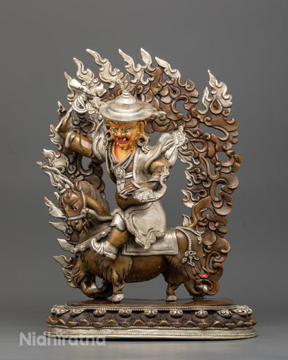 Damchen Garwa Nagpo statue oxidized copper silver plated wrathful protector deity on horse Nepal