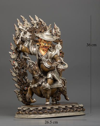 Damchen Garwa Nagpo statue right side view riding horse dynamic posture oxidized copper artwork