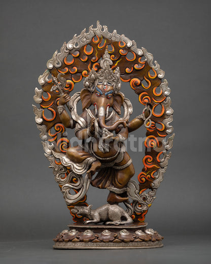 Dancing Ganesha statue on lotus throne, oxidized copper and silver-plated Nepalese artwork