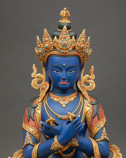 Dark Blue Vajradhara Statue close up showing calm expression and crown