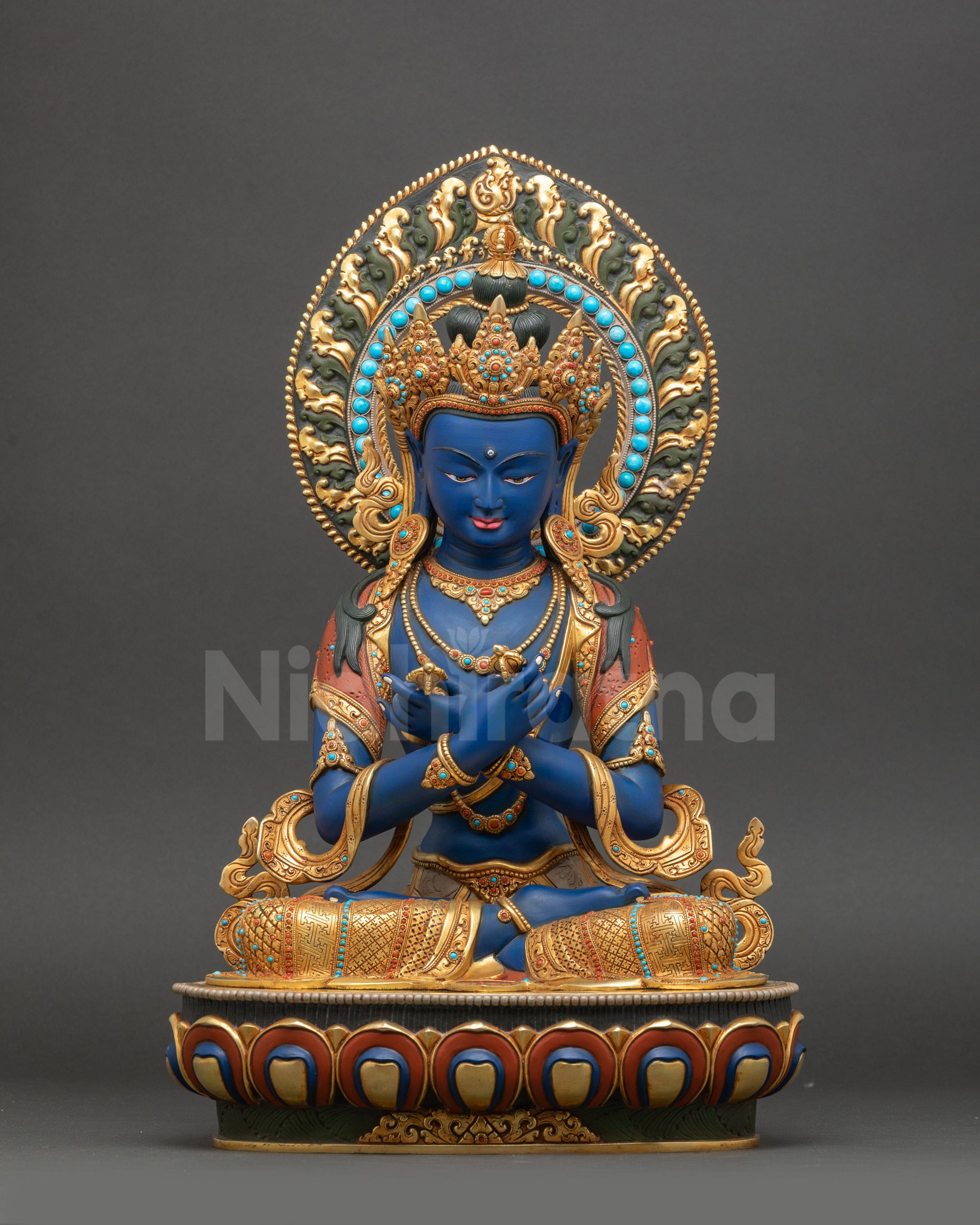 Dark Blue Vajradhara Statue front view with lotus seat and floral halo