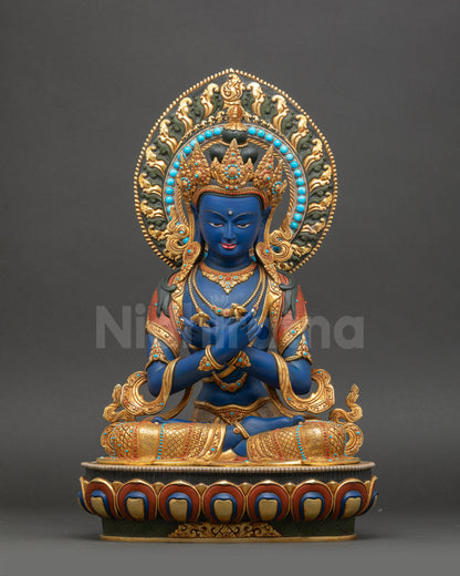 Dark Blue Vajradhara Statue front view with lotus seat and floral halo
