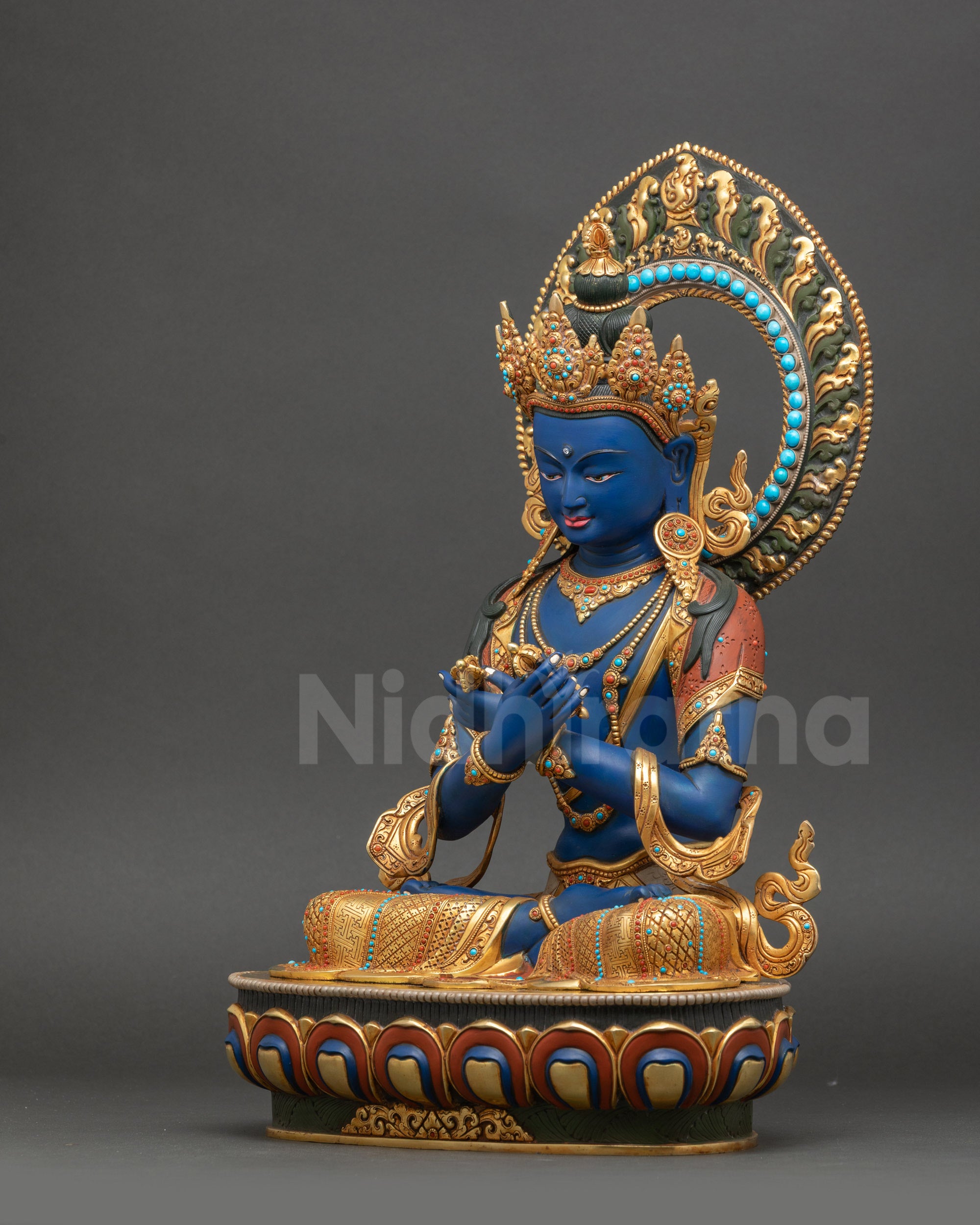 Dark Blue Vajradhara Statue left side view with semi-precious stone adornments