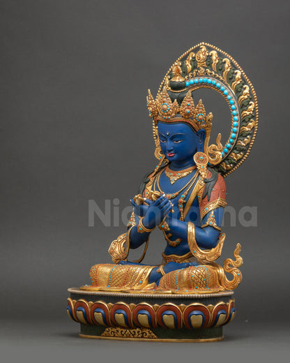 Dark Blue Vajradhara Statue left side view with semi-precious stone adornments