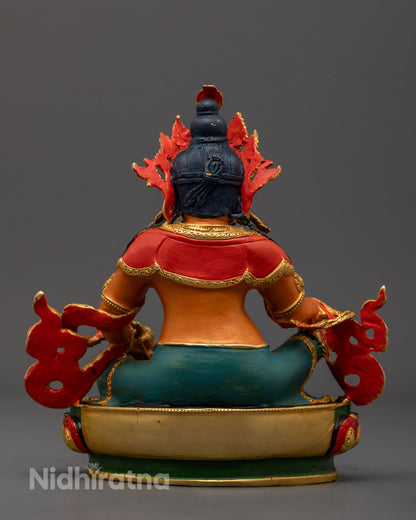 Decorative Dzambhala statue placed on a meditation altar, glowing with spiritual energy and blessings of abundance.
