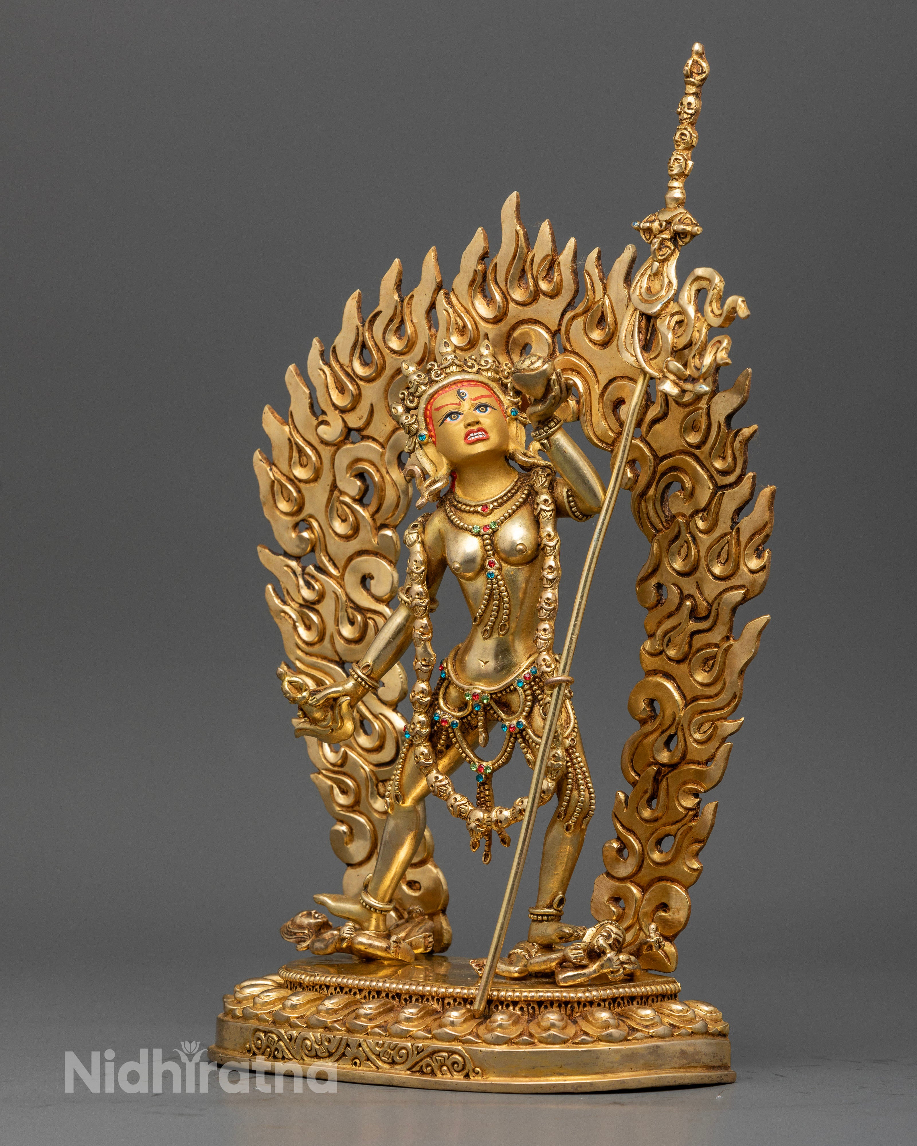Detailed Vajrayogini statue showing 24K gold face semi precious stones and wrathful symbolism.
