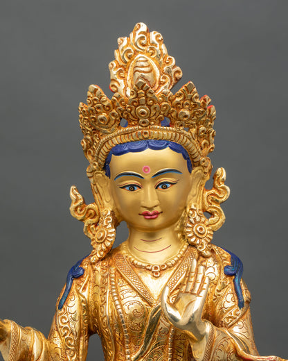 Right profile of Mandarava statue, standing dakini holding nectar vase and blessing mudra
