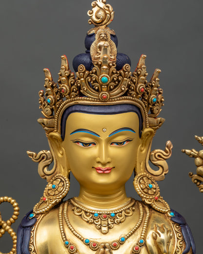 Detailed face close-up of Chenrezig Bodhisattva, serene expression with gold-painted features