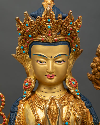Detailed face close-up of Four-Armed Avalokiteshvara, gold fire-gilded with serene expression