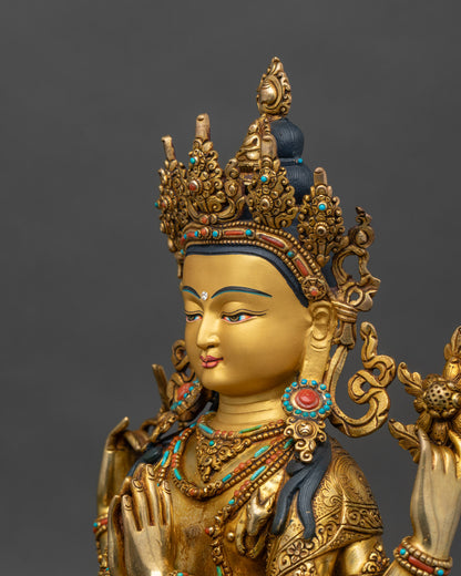 Detailed side close-up of Avalokiteshvara statue on ornate lotus pedestal, vibrant stones