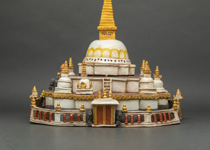 Detailed view of stupa dome with golden pinnacle and hand-painted patterns