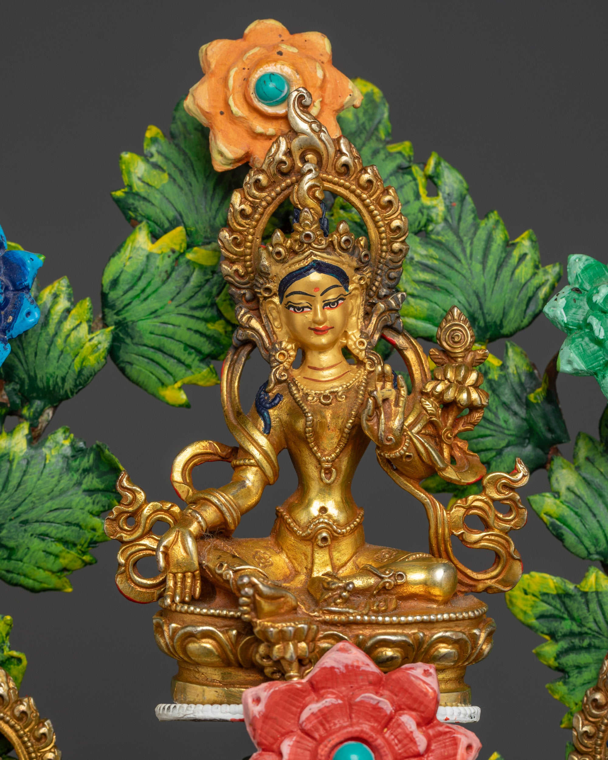 Detailed 21 Tara Sculpture Set with colorful copper branches and semi-precious stones