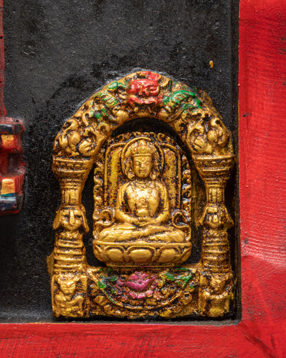 Detailed Amitayus at corner of Green Tara wooden devotional frame