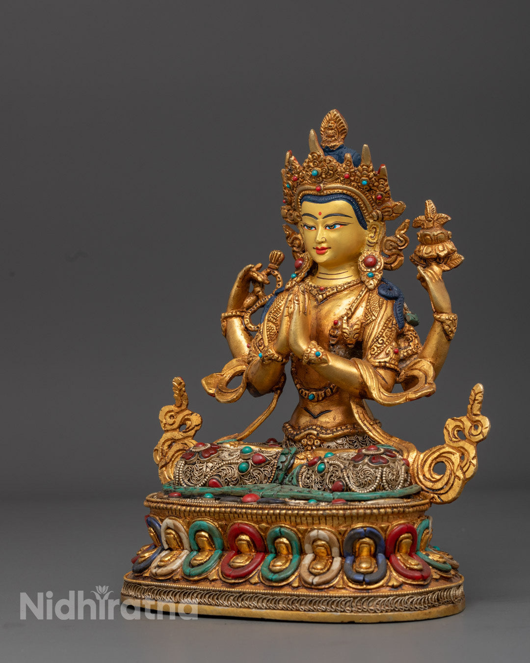 Detailed Carvings on the Floating Robe and Crown of the Handmade Chenrezig Buddha Statue, Showcasing Exceptional Craftsmanship.