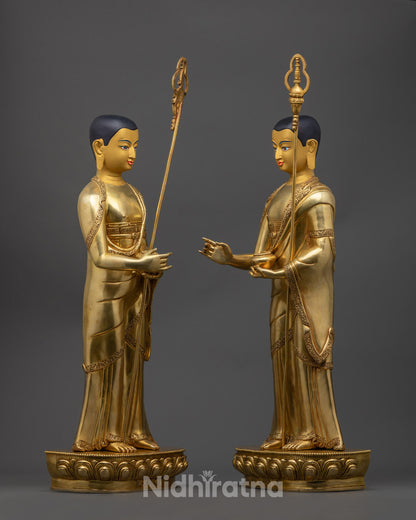 Detailed Maudgalyayana statue adorned with hollow base for inserting sacred mantras, featuring traditional Nepalese craftsmanship.