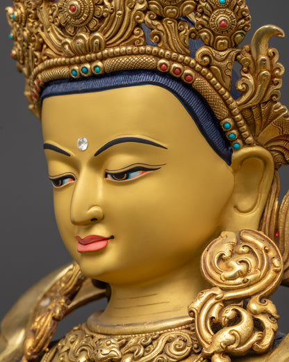 Detailed Side close up of Chenrezig Statue face highlighting calm expression and jewelry details
