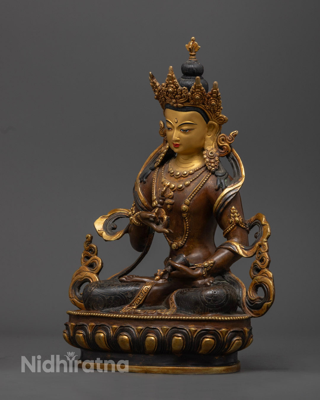 Detailed Vajrasattva Statue with Lotus Throne and Traditional Jewelry Ornamentation