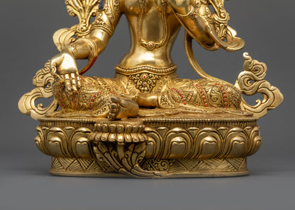 Detailed View of Green Tara Statue Showing Varada and Vitarka Mudras with Flowing Robe and Ornaments