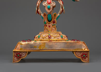 Detailed back view of throne showing Astamangala symbols and gemstone embellishments