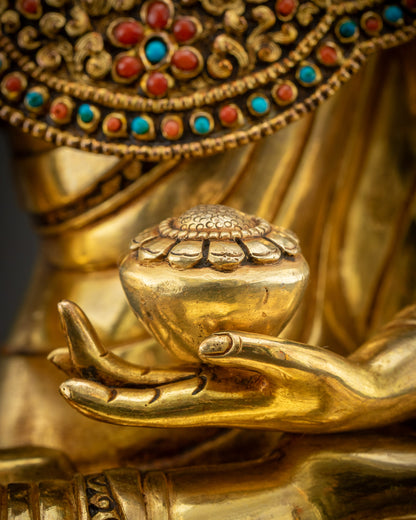 Detailed begging bowl in left hand of handcrafted Jowo Rinpoche Buddha
Statue