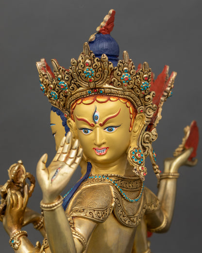 Detailed close-up face of Namgyalma with three gold-painted expressions, Nepalese craftsmanship