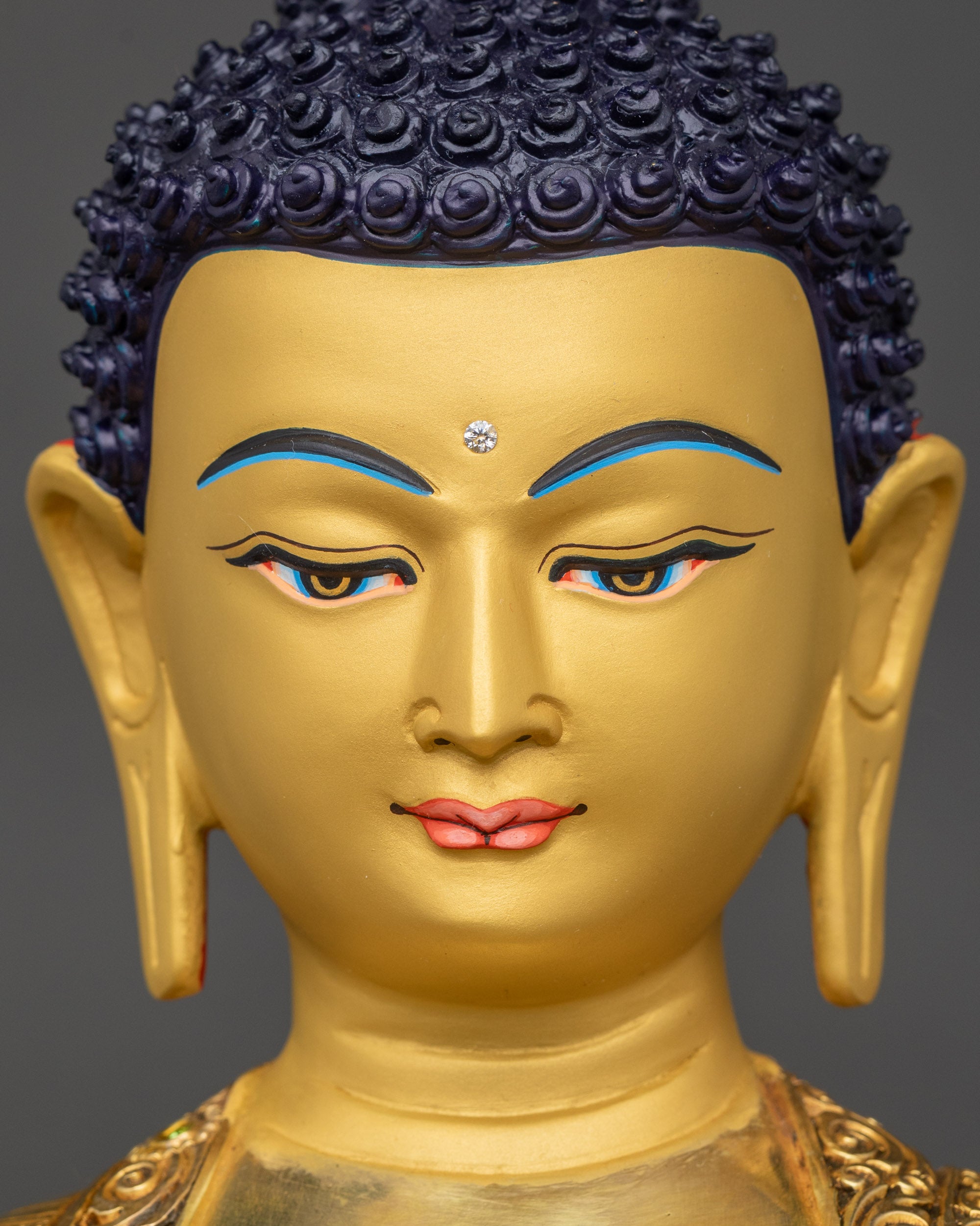 Detailed close-up face of Shakyamuni Buddha, serene expression with 24K gold-painted face