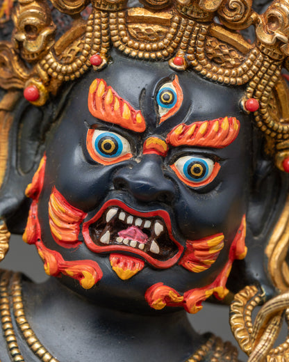 Detailed close-up of Achala Statue face, copper Buddhist guardian with wrathful expression