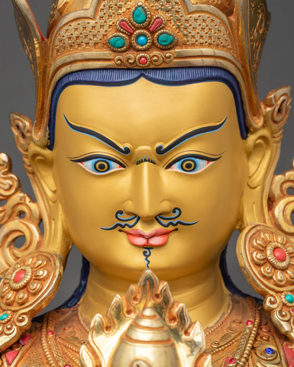 Detailed close-up of the Guru Norlha Statue face with fierce gold-painted expression and divine features