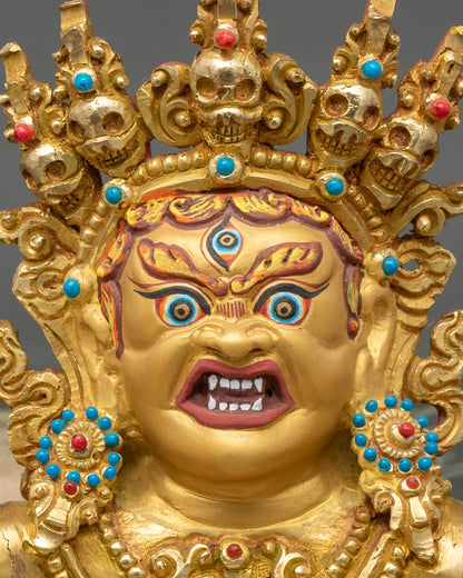Detailed close-up of Hayagriva Yab-Yum face, gold-painted and wrathful Avalokiteshvara