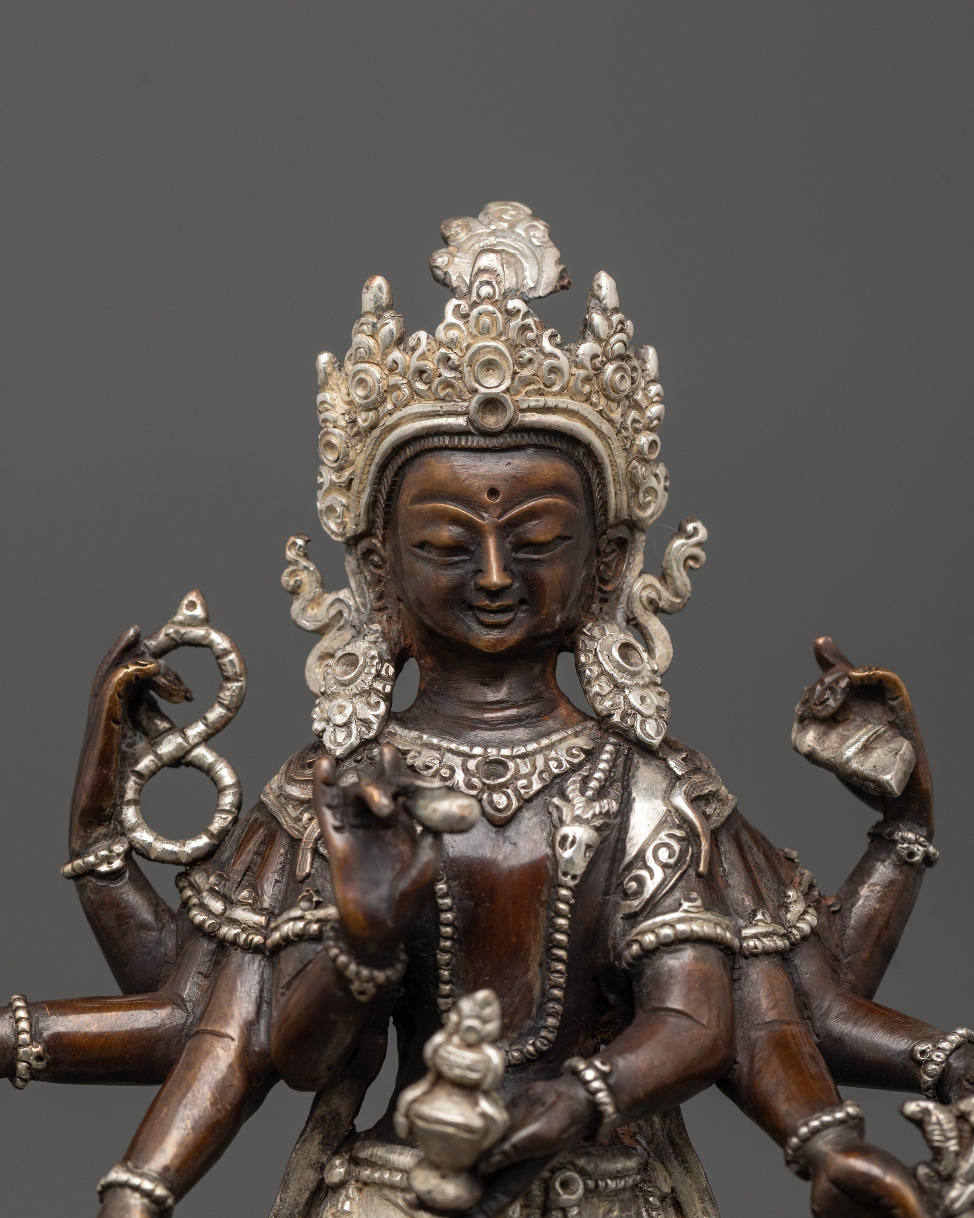 Detailed close-up of Lokeshwor’s silver-plated face and ornate crown symbolizing compassion