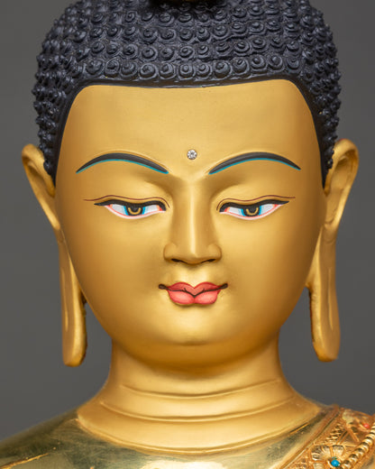 Detailed close-up of Maitreya Buddha garment, intricate carved motifs and patterns